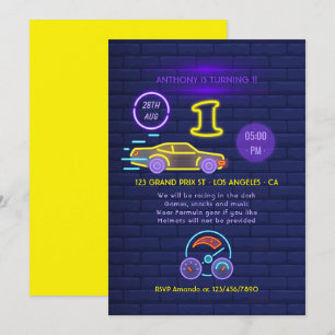 Invitation Enseigne au néon Voiture de course Thème Garçon 1e