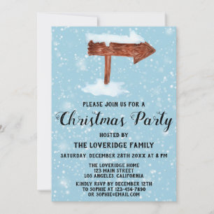 Invitation Enseigne en bois et fête de Noël sous la neige bla