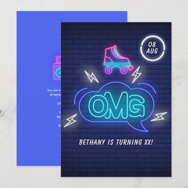 Invitation Enseignes néon rétro pour anniversaire (Devant / Derrière)