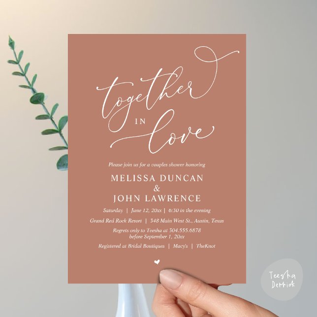 Invitation Ensemble dans l'amour, Romantique Couples Douche P (Together in Love, Romantic Couples Shower Party Invitation Card PDF modern minimalist Earthy Brown)