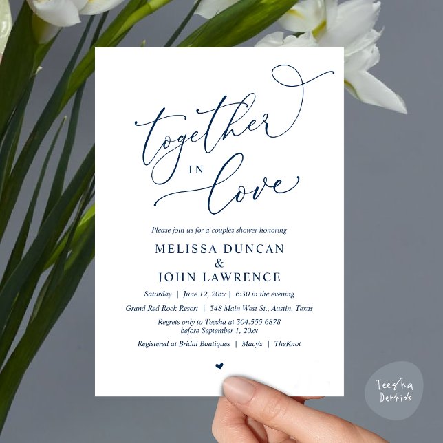 Invitation Ensemble dans l'amour, Romantique Couples Douche P (Together in Love, Romantic Couples Shower Party Invitation Card PDF modern minimalist Navy Blue)