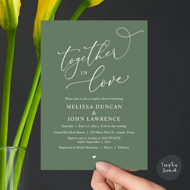 Invitation Ensemble dans l'amour, Romantique Couples Douche P (Together in Love, Romantic Couples Shower Party Invitation Card PDF modern minimalist Sage Green)