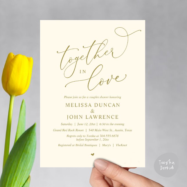 Invitation Ensemble dans l'amour, Romantique Couples Douche P (Together in Love, Romantic Couples Shower Party Invitation Card PDF modern minimalist yellow gold)
