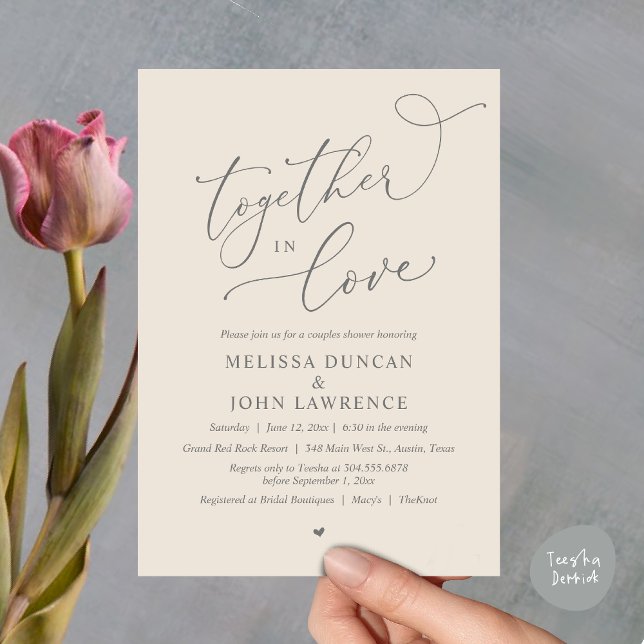 Invitation Ensemble dans l'amour, Romantique Couples Douche P (Together in Love, Romantic Couples Shower Party Invitation Card PDF modern minimalist Cream Grey)
