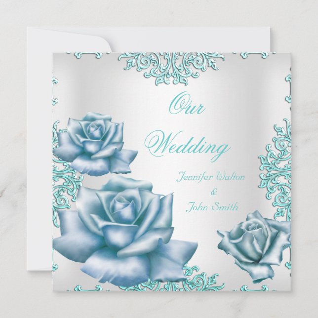 Invitation Ensemble de mariage élégant avec roses bleu sarcel (Devant)