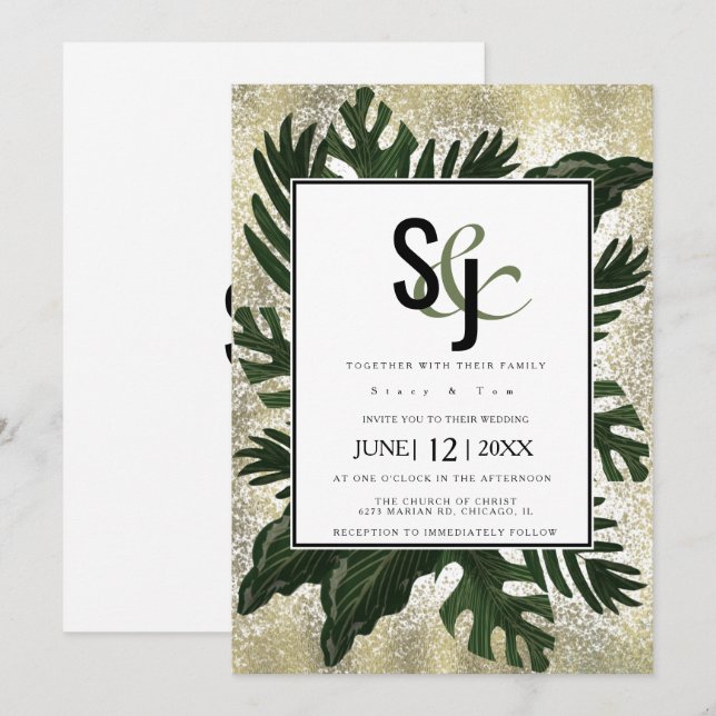 Invitation Ensemble de mariage Monstera Tropical Faux Gold Sp (Devant / Derrière)