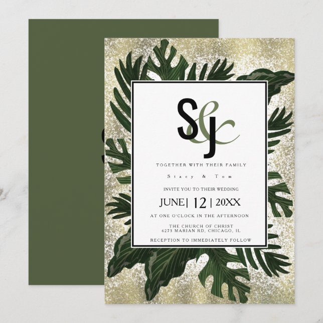 Invitation Ensemble de mariage Monstera Tropical Faux Gold Sp (Devant / Derrière)