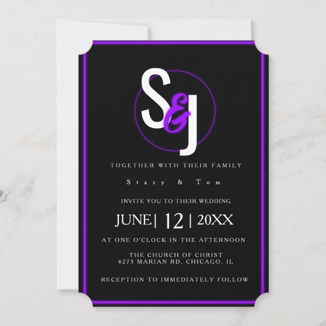Invitation Ensemble de mariage Neon Violet Moderne Glam Glow (Devant)