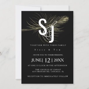 Invitation Ensemble de mariage noir botanique à plumes dorées
