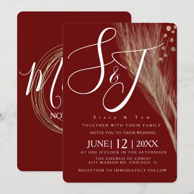 Invitation Ensemble de mariage Pampas et feuille d'or Burgund (Devant / Derrière)