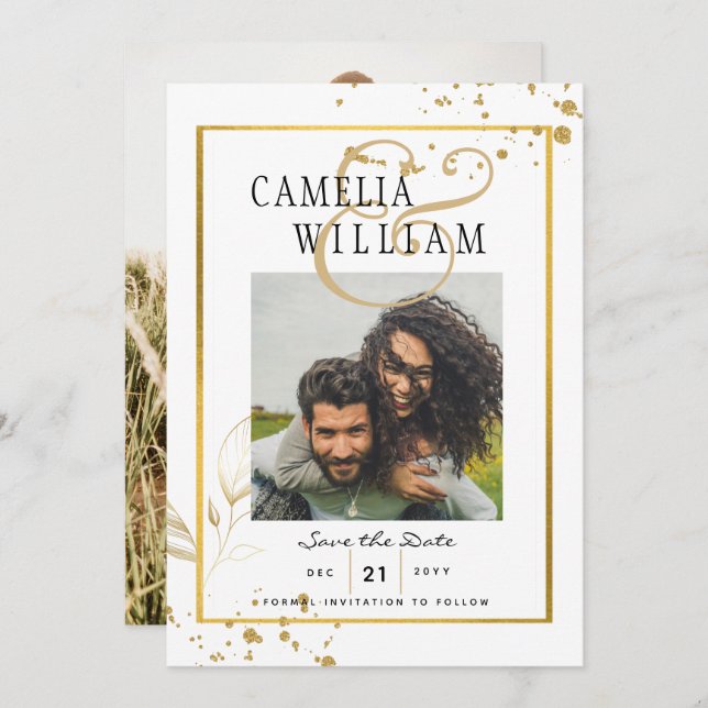 Invitation ENSEMBLE DE MARIAGE PHOTO Blanc OR Moderne Classiq (Devant / Derrière)