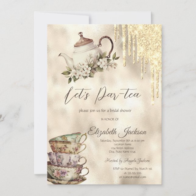 Invitation Ensemble de thé Gold Glitter Drips pour enterremen (Devant)