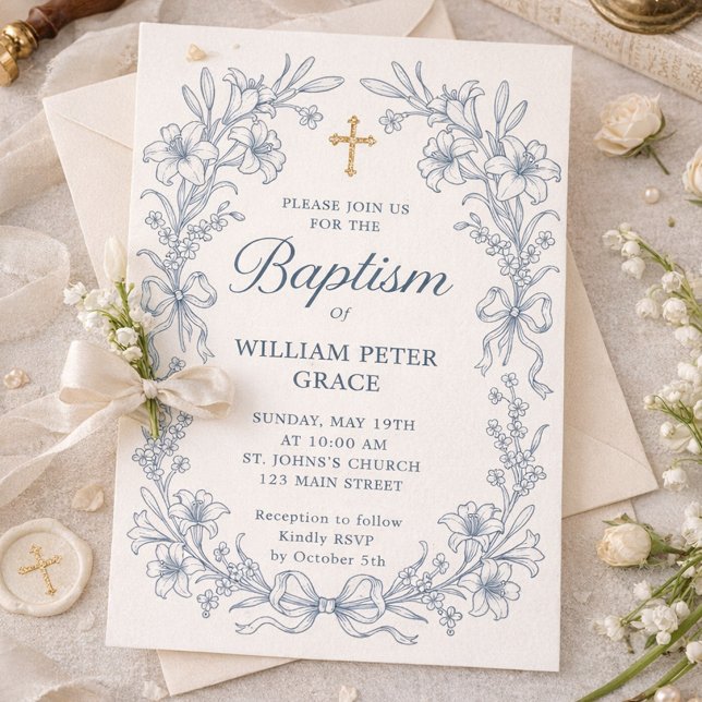 Invitation Ensemble d'invitation de baptême bleu floral vinta (Elegant blue floral baptism invitation for baby boy)