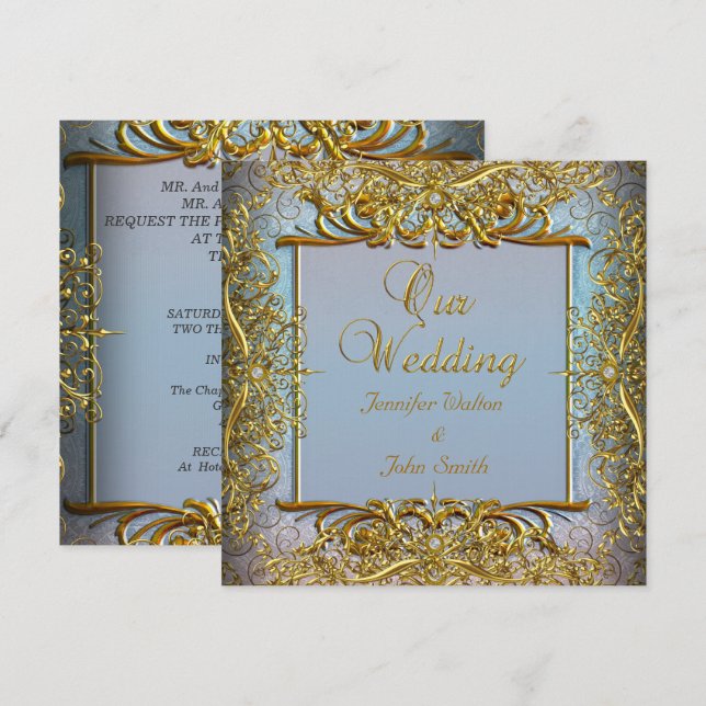 Invitation Ensemble élégant de mariage bleu Elite Beige Or (Devant / Derrière)