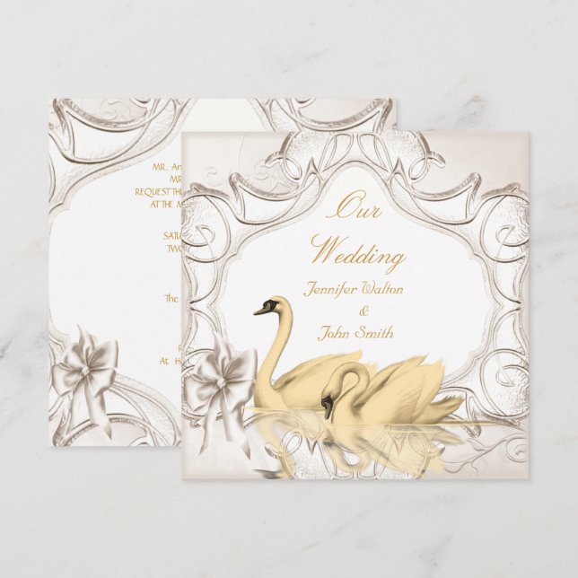 Invitation Ensemble Élégant de Mariage Crème Or Blanc Cygnes  (Devant / Derrière)