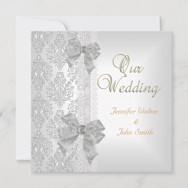 Invitation Ensemble Élégant de Mariage Damassé Ruban Blanc Ar (Devant)