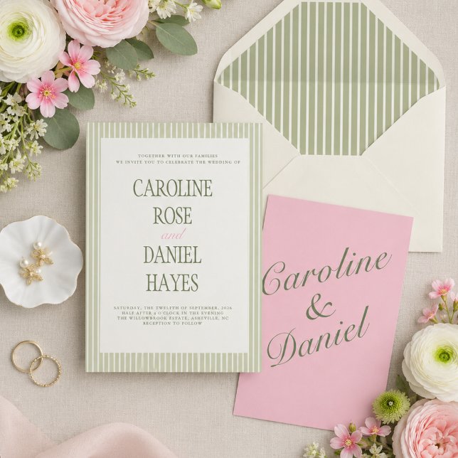 Invitation Ensemble élégant de mariage rayé vert sauge (Créateur téléchargé)