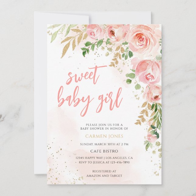 Invitation Ensemble Fille pour Baby Shower Fleurs Rose Rougis (Devant)