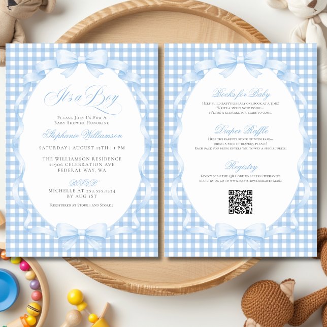 Invitation Ensemble grenadine bleue à noeud papillon pour béb (Blue Gingham Coquette Bow All-in-One Baby Shower Invitation)