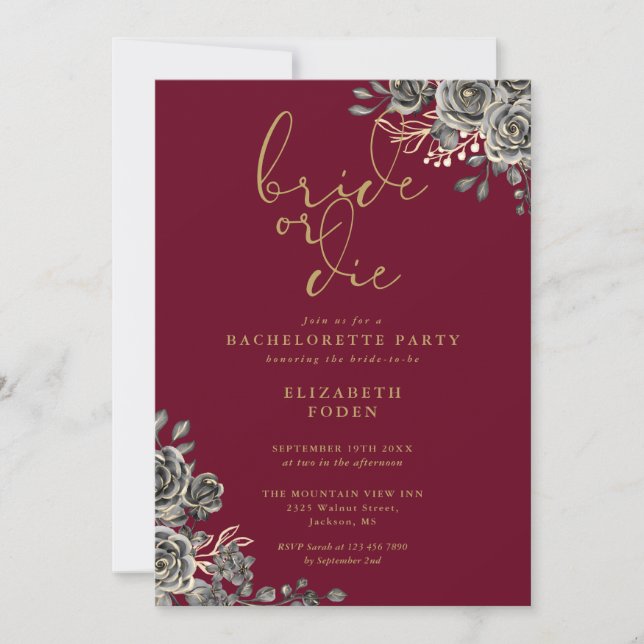 Invitation Enterrée de vie de jeune fille gothique florale Br (Devant)