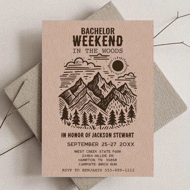 Invitation Enterrement de vie de garçon Camping (Camping Bachelor Party Invitation with Modern Mountains)