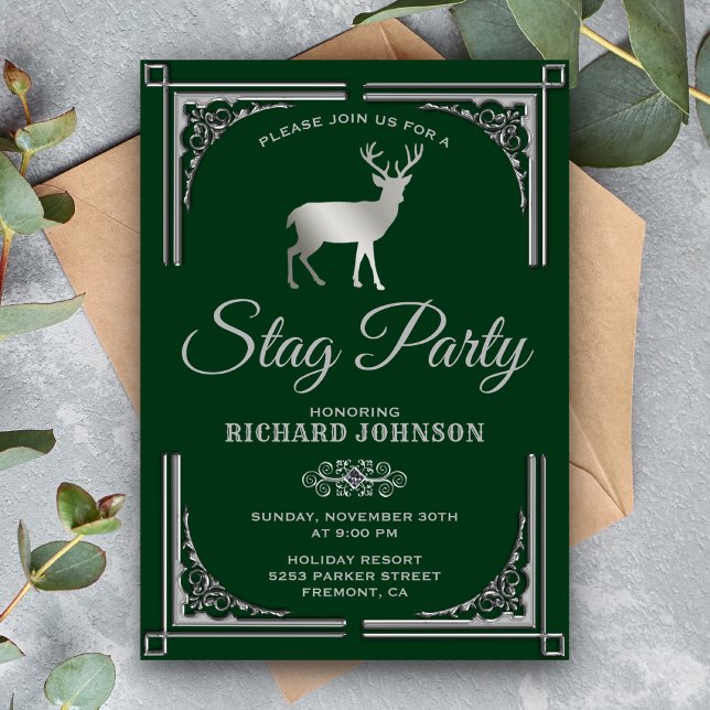 Invitation Enterrement de vie de garçon cerf argent vert vint (Créateur téléchargé)