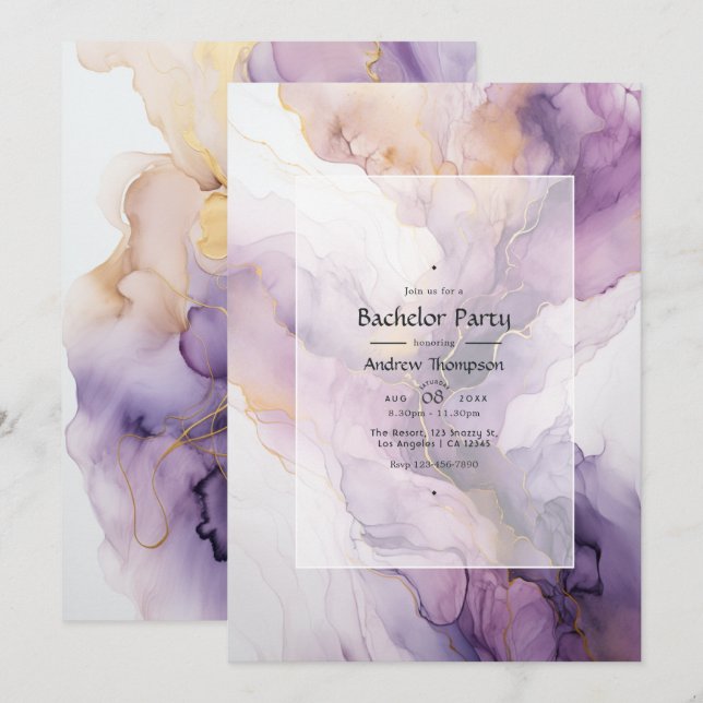 Invitation Enterrement de vie de garçon encre mauve et or (Devant / Derrière)