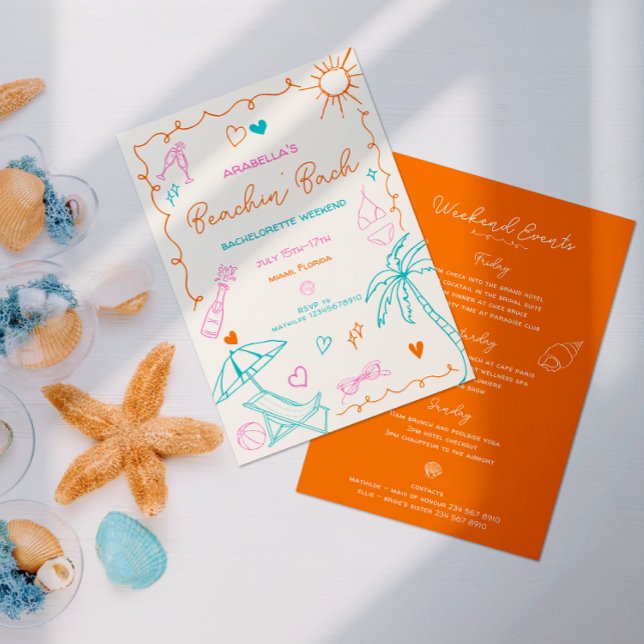 Invitation Enterrement de vie de jeune fille à la plage | Iti (Hand drawn coastal theme bachelorette in fun orange, pink & teal, placed next to decorative shells. )