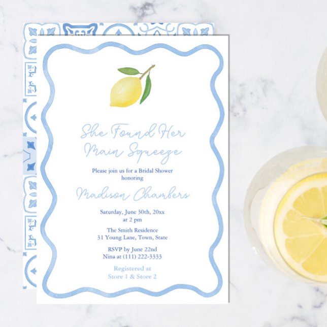 Invitation Enterrement de vie de jeune fille Citron Bordure O (Squiggle border Main Squeeze Bridal Shower invitation in blue and white with simple single lemon)