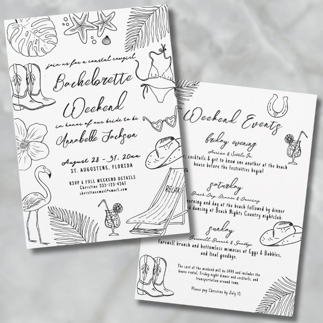 Invitation Enterrement de vie de jeune fille Cowgirl Côtière (Hand Drawn Coastal Cowgirl Bachelorette Party Invitation)