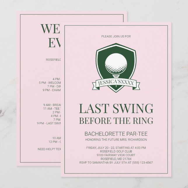 Invitation Enterrement de vie de jeune fille de golf Swing de (Devant / Derrière)
