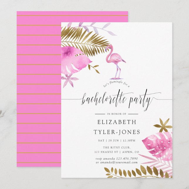 Invitation Enterrement de vie de jeune fille flamant rose tro (Devant / Derrière)