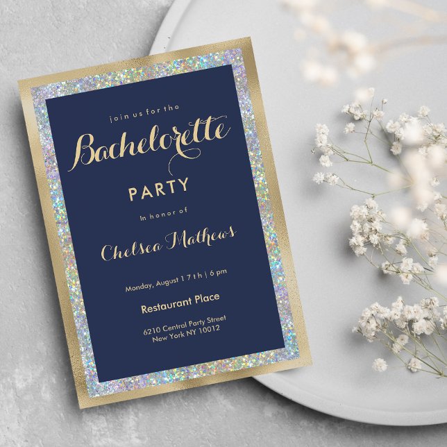 Invitation Enterrement de vie de jeune fille holographique bl (Navy blue gold silver holographic Bachelorette )