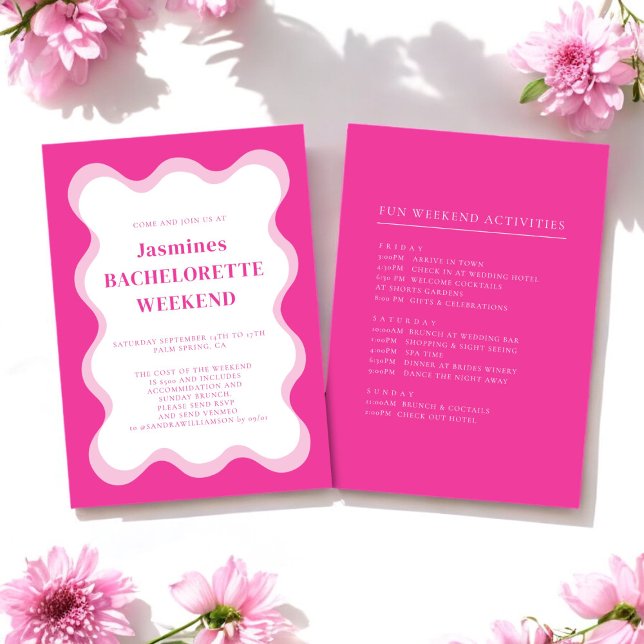 Invitation enterrement de vie de jeune fille moder (pink wave bachelorette invitation with weekend activites all editable to suite your needs )