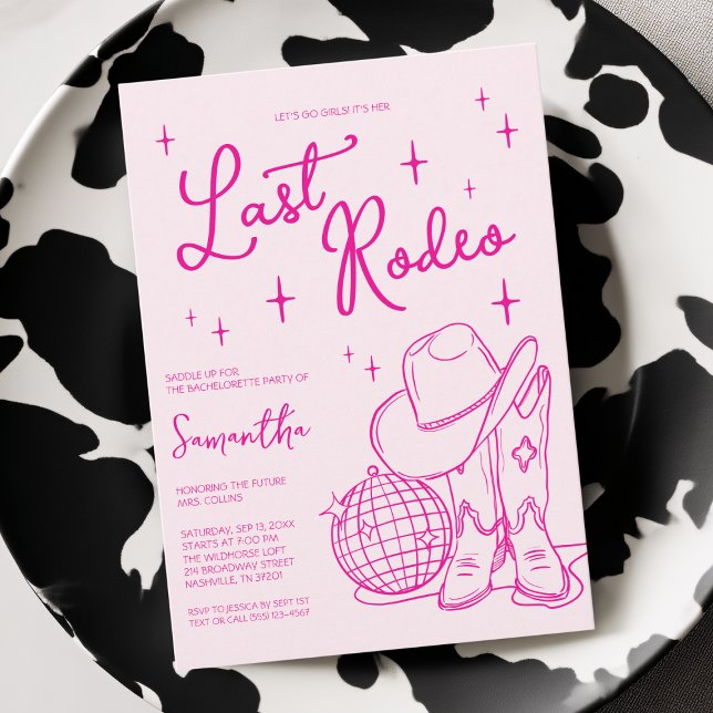 Invitation Enterrement de Vie de Jeune Fille Moderne Cowgirl  (Modern Pink Cowgirl Last Rodeo Bachelorette Party Invitation)