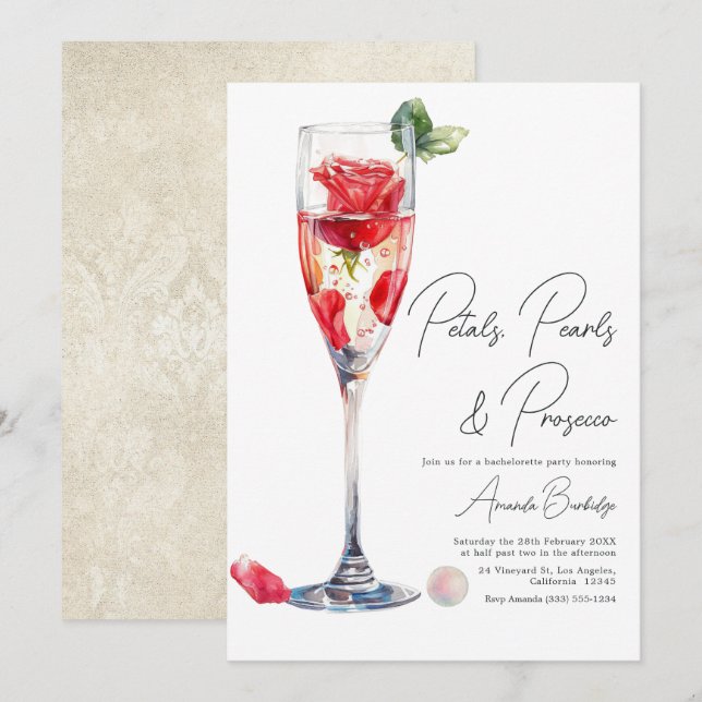 Invitation Enterrement de vie de jeune fille Petales, Perles  (Devant / Derrière)