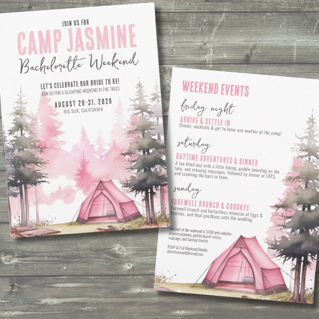 Invitation Enterrement de vie de jeune fille rose et campeur (Pink Girls Weekend Camp Bachelorette Party Invitation)