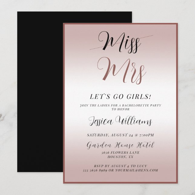 Invitation Enterrement de vie de jeune fille Rose Gold (Devant / Derrière)