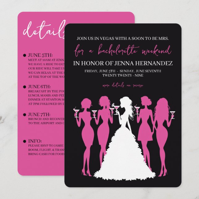 Invitation Enterrement de vie de jeune fille Rose & Noir (Devant / Derrière)