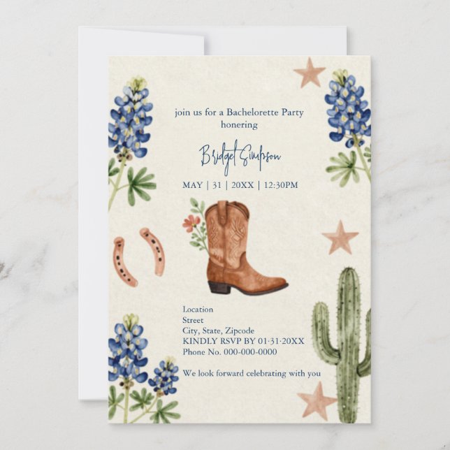 Invitation Enterrement de vie de jeune fille rustique Western (Devant)