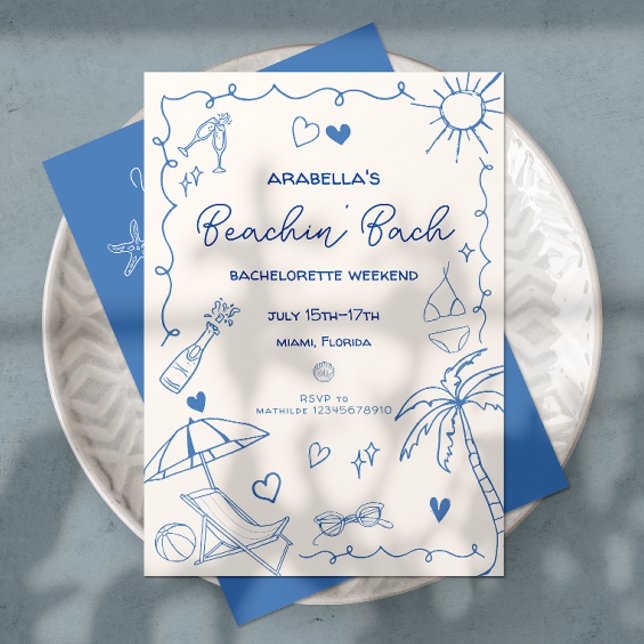 Invitation Enterrement de vie de jeune fille sur la plage | B (Beach Bachelorette invitation in blue and white with beach doodles, hand written font & itinerary.
)