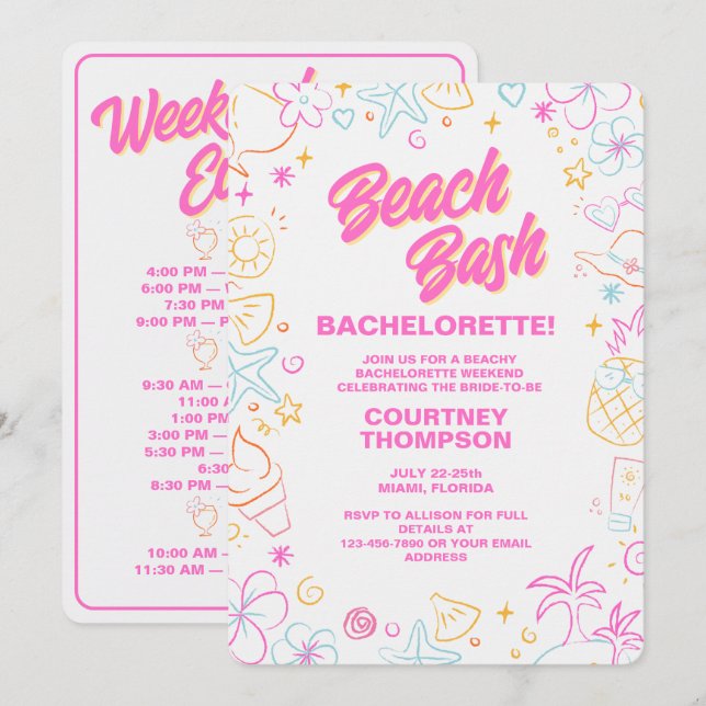 Invitation Enterrement de vie de jeune fille thème plage dess (Devant / Derrière)