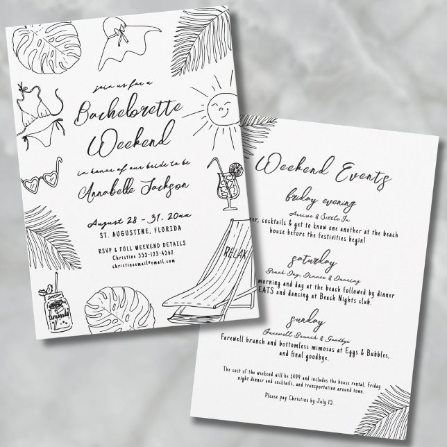 Invitation Enterrement de vie de jeune fille tropical et fant (Quirky Hand Drawn Tropical Beach Bachelorette Invitation)