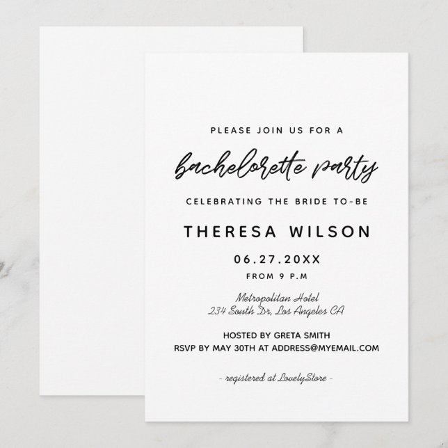 Invitation Enterrement de vie de jeune fille Typographie Mode (Devant / Derrière)
