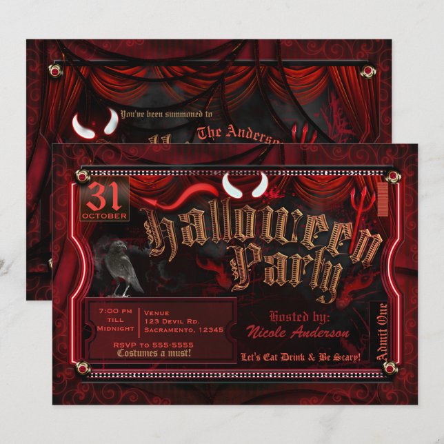 Invitation Entrée pour une soirée costumée d'Halloween diabol (Devant / Derrière)