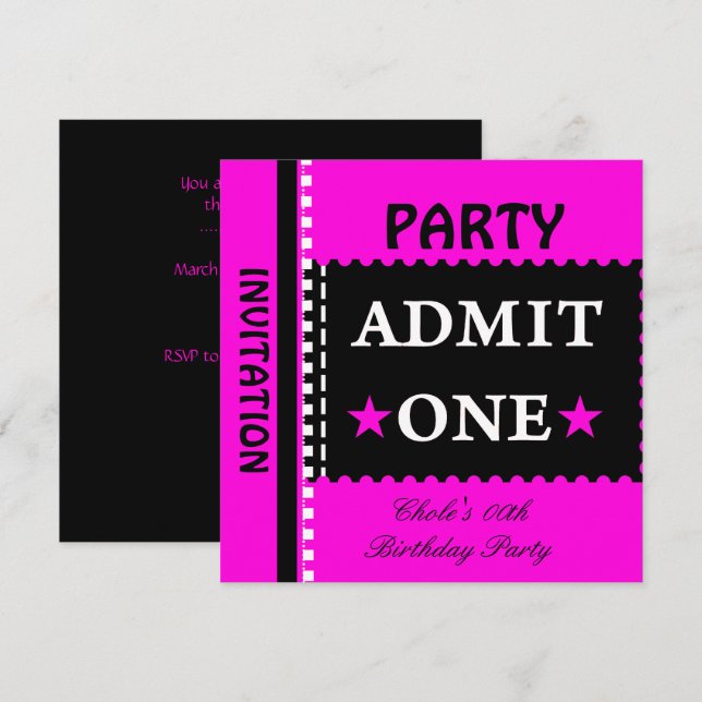 Invitation Entrée Unique Fête d'Anniversaire Filles Rose Chau (Devant / Derrière)