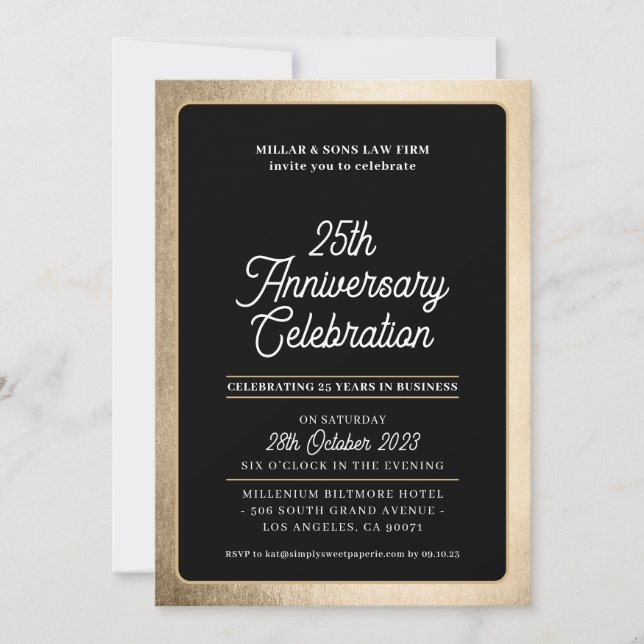 Invitation ENTREPRISE ANNIVERSAIRE affaires moderne noir or (Devant)