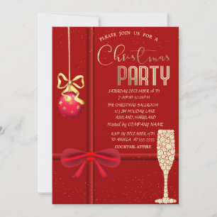 Invitation Entreprise de Noël Verre à Champagne, Boule, Noeud