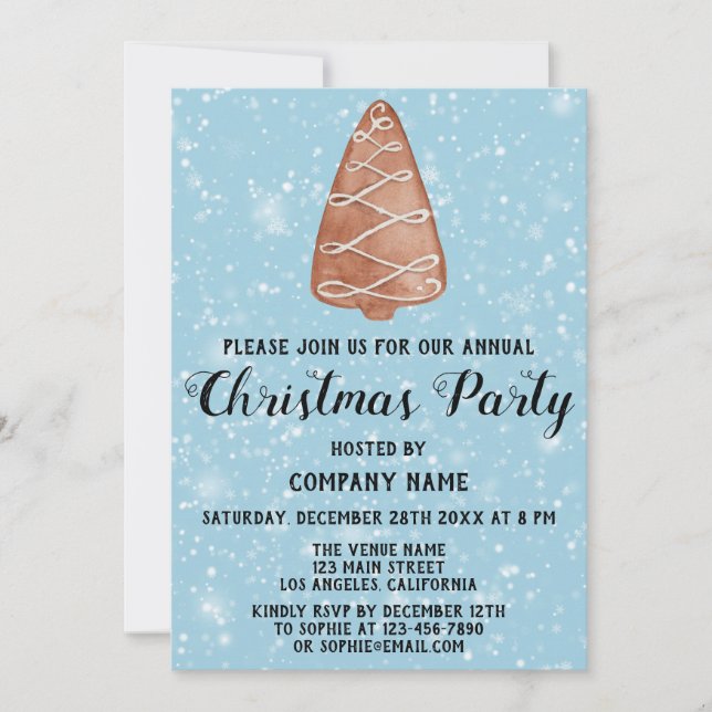 Invitation Entreprise Fête de Noël Arbre Bleu neige (Devant)