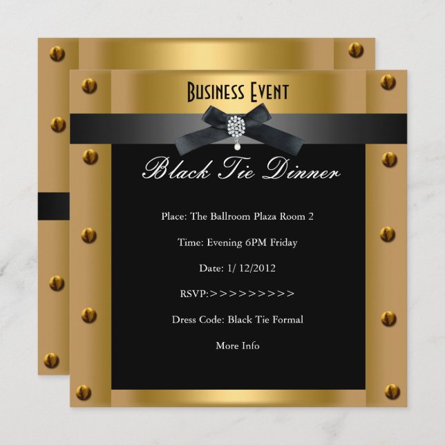 Invitation Entreprise Formal Cravate Noire Or Métal (Devant / Derrière)